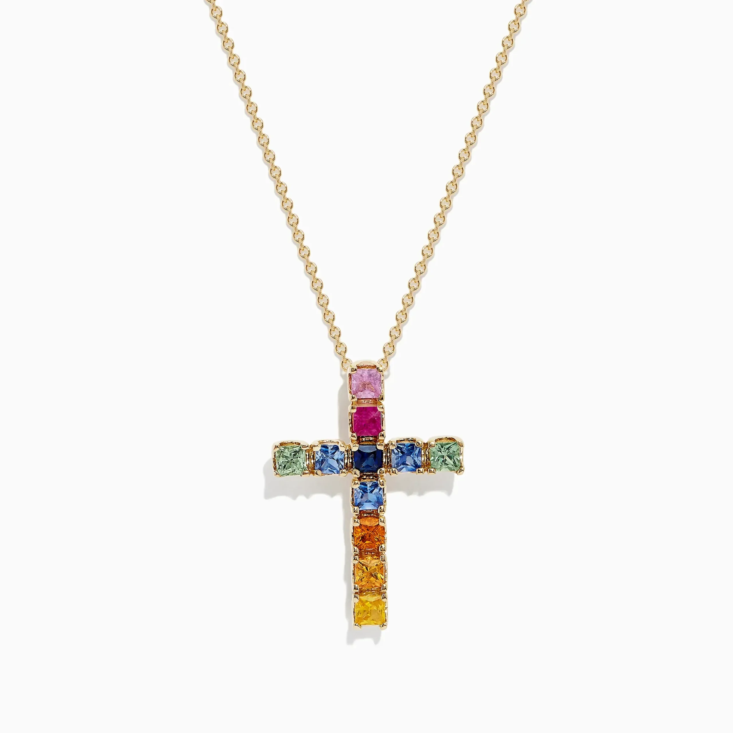 Necklaces & Pendants|BH Multi Watercolors 14K Yellow Gold Multi Sapphire Cross Pendant, 2.05 TCW