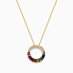 Necklaces & Pendants|Effy Jewelry Watercolors 14K Yellow Gold Multi Sapphire and Diamond Circle Pendant
