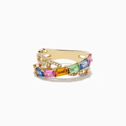 Rings|Effy Jewelry Watercolors 14K Yellow Gold Multi Sapphire and Diamond Crossover Ring