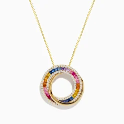 Necklaces & Pendants|Effy Jewelry Watercolors 14K Yellow Gold Multi Sapphire and Diamond Circle Pendant