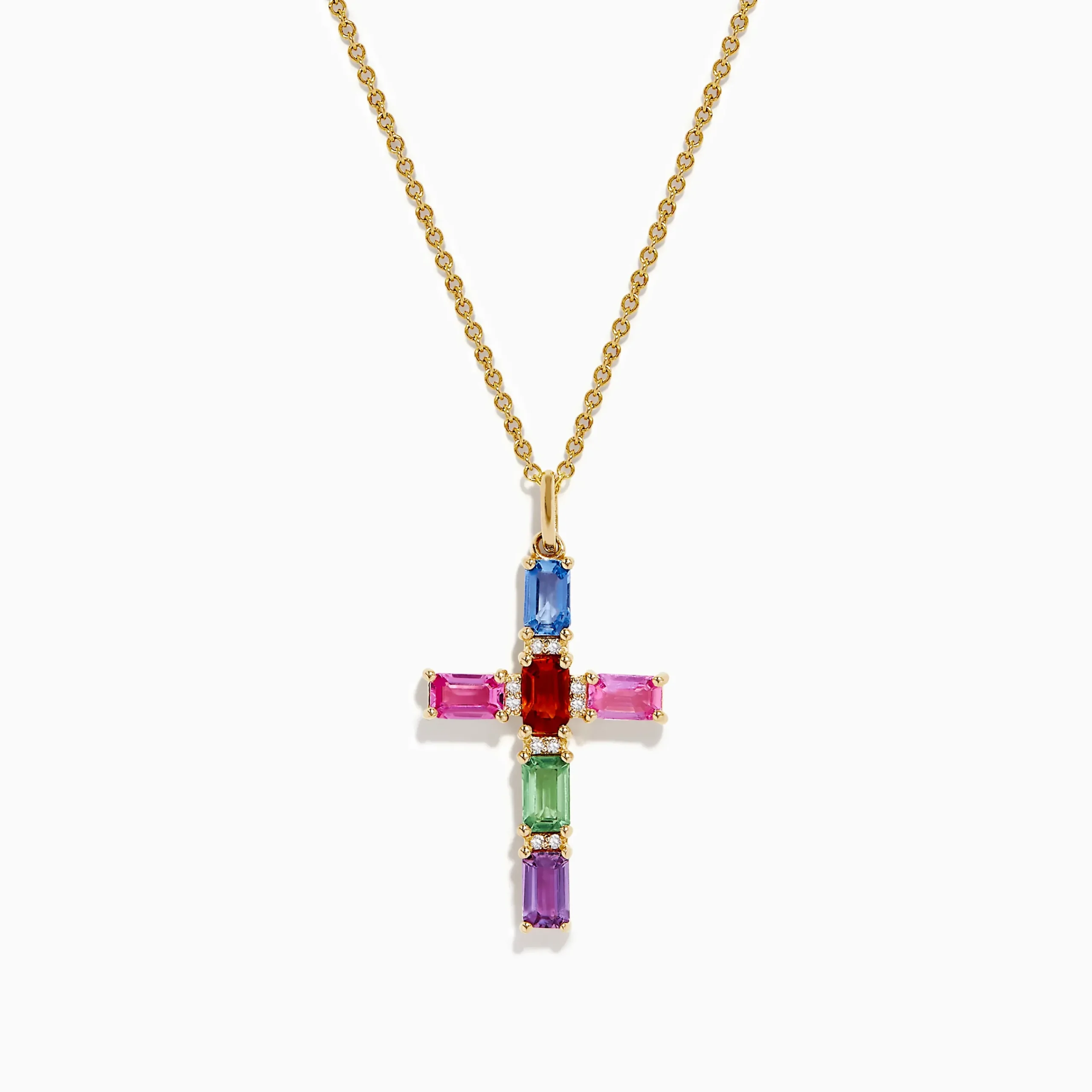Necklaces & Pendants|Effy Jewelry Watercolors 14K Yellow Gold Multi Color Sapphire and Diamond Cross Pendant